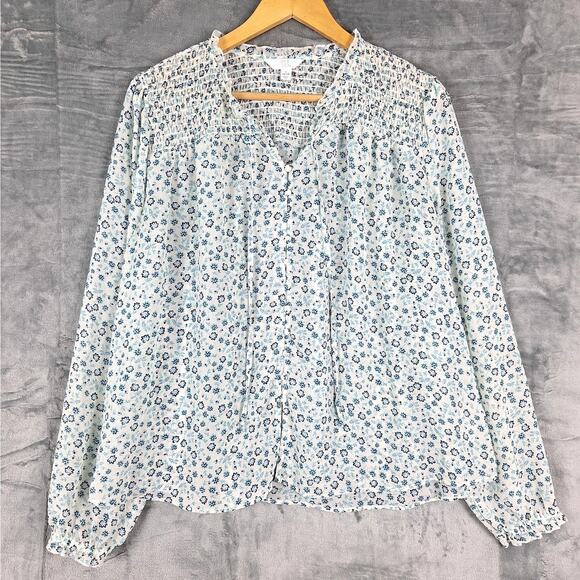 Womens Top Large Floral Boho Peasant Sheer Button Up Office Career Work Feminine - Picture 1 of 7